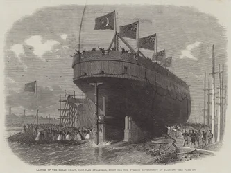 Lansering av Osman Ghazy, Iron-Clad Steam-Ram, bygget for den tyrkiske regjeringen i Glasgow